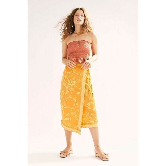 NEW FREE PEOPLE Sz 4 YASMIN BORDER PRINT WRAP MIDI SKIRT IN ORANGE NECTAR - Picture 2 of 5
